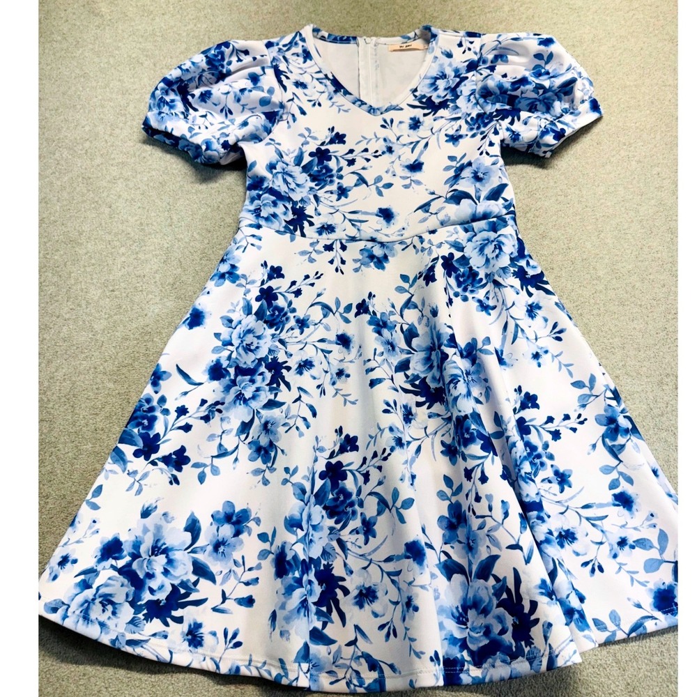 Mi Ami Floral Dress Kids Size 12 Floral Blue White Puff Sleeve Fit Flare Scuba